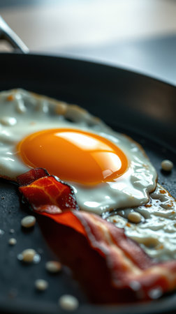 Perfectly cooked sunny side up egg alongside crispy bacon on a frying pan in a cozy kitchen settingの素材