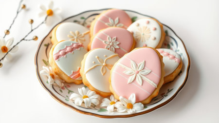 Beautifully decorated Easter cookies arranged on a delicate porcelain plate with flowersの素材