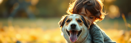 A child embraces a medium-sized dog, its tongue happily lolling outの素材