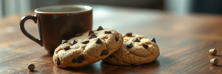 Warm chocolate chip cookies with a cup of coffee on a rustic wooden table in a cozy settingの素材