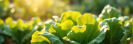 Lush green lettuce leaves illuminated by sunlight in a vibrant garden setting during the early morning hoursの素材