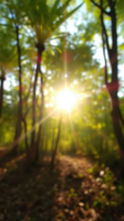 Sunlight filtering through trees creates a warm glow in a forest during late afternoonの素材