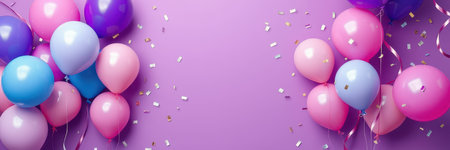 Colorful balloons and confetti create a festive atmosphere for a celebration or party event in a vibrant settingの素材
