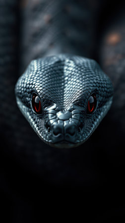 Black snake with striking red eyes in close-up view during dim lighting conditionsの素材