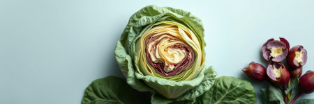 Fresh green cabbage with colorful inner leaves and onion flowers arranged on a light blue backgroundの素材