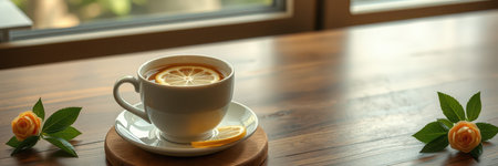 Warm cup of tea with lemon slice placed on wooden table next to decorative flowers in a cozy settingの素材