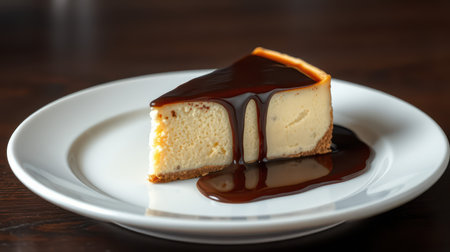 Decadent slice of cheesecake topped with rich chocolate sauce served on a white plateの素材
