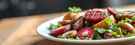 Freshly prepared colorful salad featuring vibrant vegetables served on a wooden table in a cozy dining settingの素材