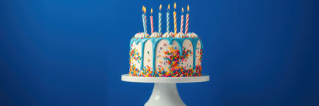Colorful birthday cake with candles and sprinkles ready for celebration in a vibrant blue settingの素材