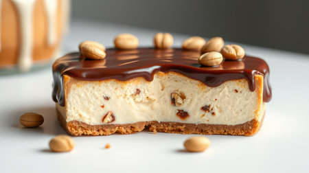 Creamy chocolate dessert with crunchy nuts presented on a minimalist table settingの素材