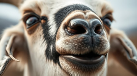 Close-up of a smiling goat enjoying a sunny day in a rural landscape with green fieldsの素材
