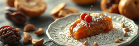 Delicious traditional dessert served on a plate with nuts and fruits in a cozy settingの素材