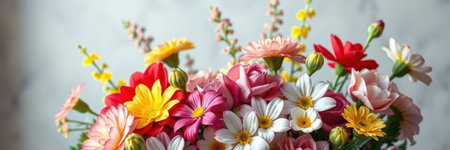 Vibrant bouquet of assorted flowers with vivid colors and delicate blooms displayed on a neutral backgroundの素材