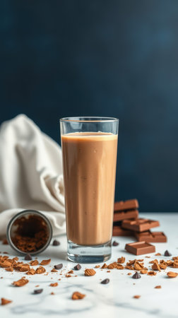 Creamy chocolate drink served in a tall glass with chocolate bars and scattered toppings on a rustic tableの素材