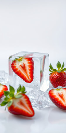Fresh strawberries encased in ice cubes on a bright background create a refreshing summer vibeの素材