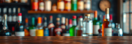 Colorful collection of spirits displayed on shelves in a cozy bar setting during the evening ambianceの素材