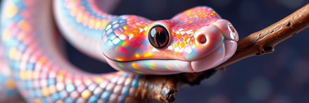 Colorful snake resting on a branch in a vibrant display of scales under soft lightingの素材