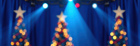 Festive holiday stage decorated with colorful Christmas trees and vibrant lights in a joyful celebration settingの素材