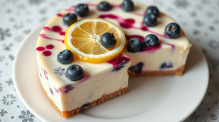 Delicious creamy cheesecake topped with fresh blueberries and lemon slices served on a plateの素材