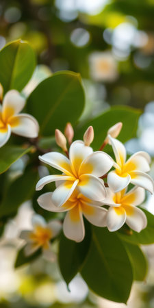 Beautiful plumeria flowers blooming in a tropical garden under soft sunlightの素材