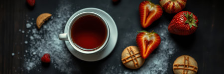 Warm cup of tea accompanied by fresh strawberries and cookies on a rustic tableの素材