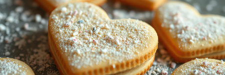 Heart-shaped cookies dusted with sugar arranged on a decorative surface during a baking sessionの素材