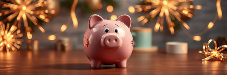 Piggy bank placed on a wooden table surrounded by golden sparkles and festive decorations during a celebrationの素材