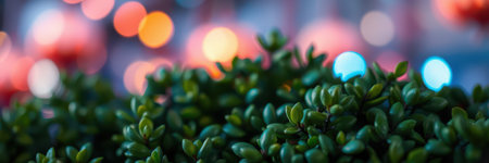Lush green plant in foreground with colorful blurred lights in background during evening atmosphereの素材