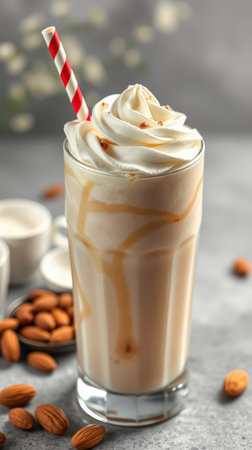 Creamy almond beverage topped with whipped cream and a red striped straw served with almondsの素材