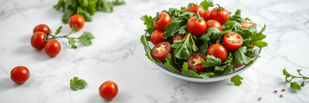 Fresh cherry tomatoes served on a bed of vibrant green cilantro in a bright kitchen settingの素材