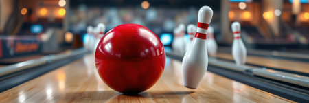 Red bowling ball rolling towards pins in a lively bowling alley during a weekend nightの素材