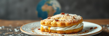 Delicious dessert with whipped cream and nuts served on a plate with a global backgroundの素材