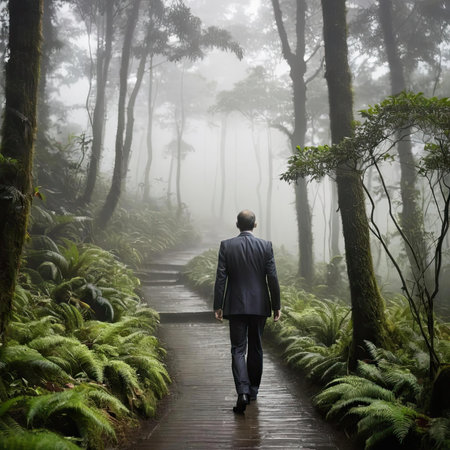 A man walks along a path in a foggy forestの素材