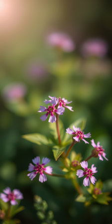 Soft pink flowers bloom in a natural setting during golden hour, showcasing delicate petals and lush greeneryの素材