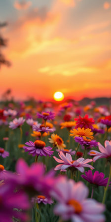 Vibrant wildflowers bloom at sunset, creating a colorful landscape in a serene natural settingの素材