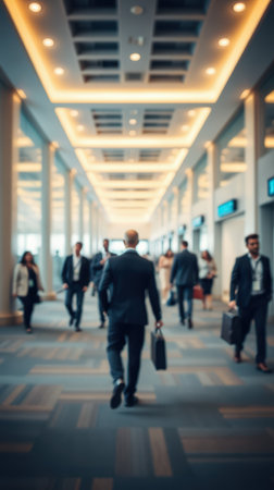 Business professionals navigate a modern corporate hallway during a busy workdayの素材