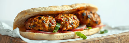 Savory meatball sandwich served on fresh bread with vegetables and herbsの素材