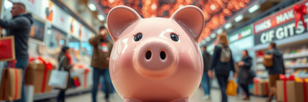 Shopping for gifts during the holiday season with a piggy bank in focus in a festive market settingの素材