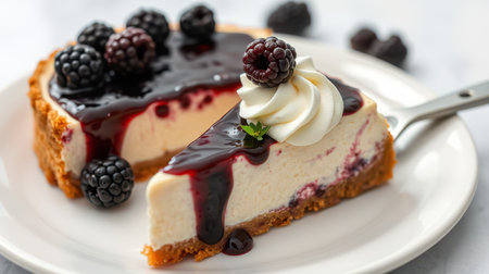 Delicious slice of cheesecake topped with blackberry sauce and fresh berries at a dessert tableの素材