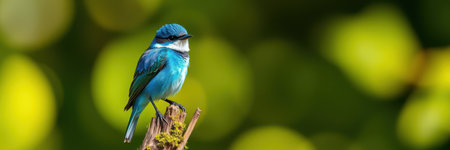Bright blue bird perched on a branch against a blurred green background in a natural settingの素材