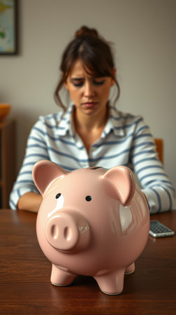 Woman reflects on finances while contemplating a piggy bank during a quiet moment at homeの素材