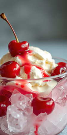 Delightful cherry dessert served in a glass bowl with ice and whipped cream for a refreshing treatの素材