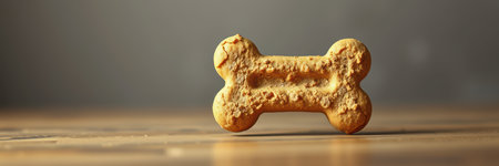 Dog treat shaped like a bone sits on a wooden surface in warm lighting, highlighting its crunchy texture and colorの素材
