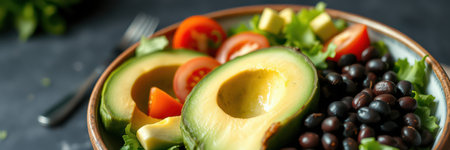 Healthy avocado salad with fresh vegetables and black beans served in a bowl at a bright kitchen settingの素材