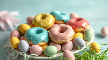 Colorful donuts and pastel eggs arranged on a plate celebrating spring festivities at a festive brunchの素材