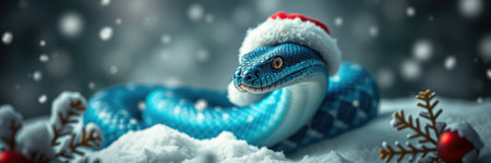 Blue snake wearing a Santa hat in snowy landscape during winter holiday seasonの素材