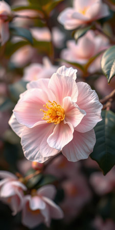 Delicate pink flower blooming amidst lush green leaves in a serene outdoor garden settingの素材