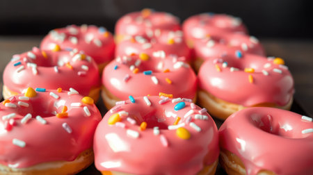 Pink frosted donuts with colorful sprinkles arranged on a black plate in a cozy cafe settingの素材