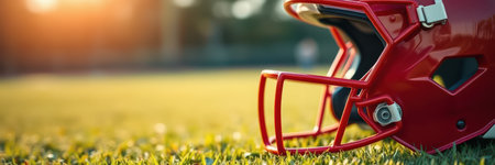 Red football helmet rests on green grass during sunset at an outdoor sports fieldの素材