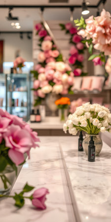 Floral arrangements and beauty products displayed in a bright shop filled with vibrant colors and scentsの素材
